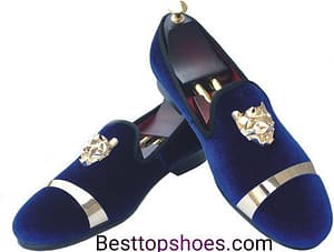 Top Best wedding shoes 2021 for mens SANTIMON Mens Velvet Loafers Slippers with Gold Buckle Wedding Dress Shoes Slip-on Smoking Flats Blue